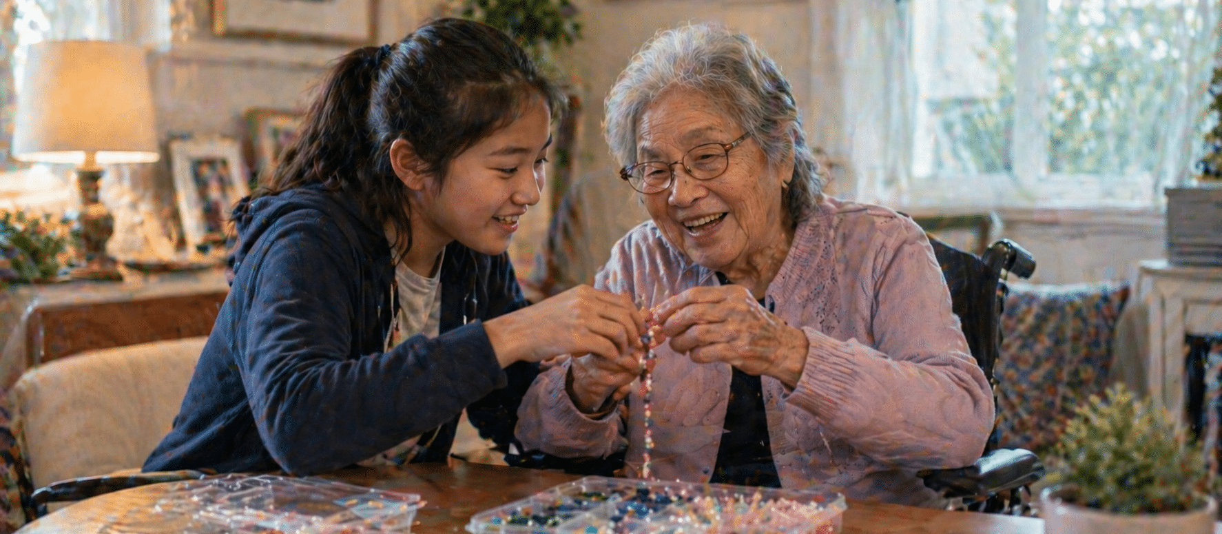 A Young Volunteer Helps An Elderly Lady With Handcraft